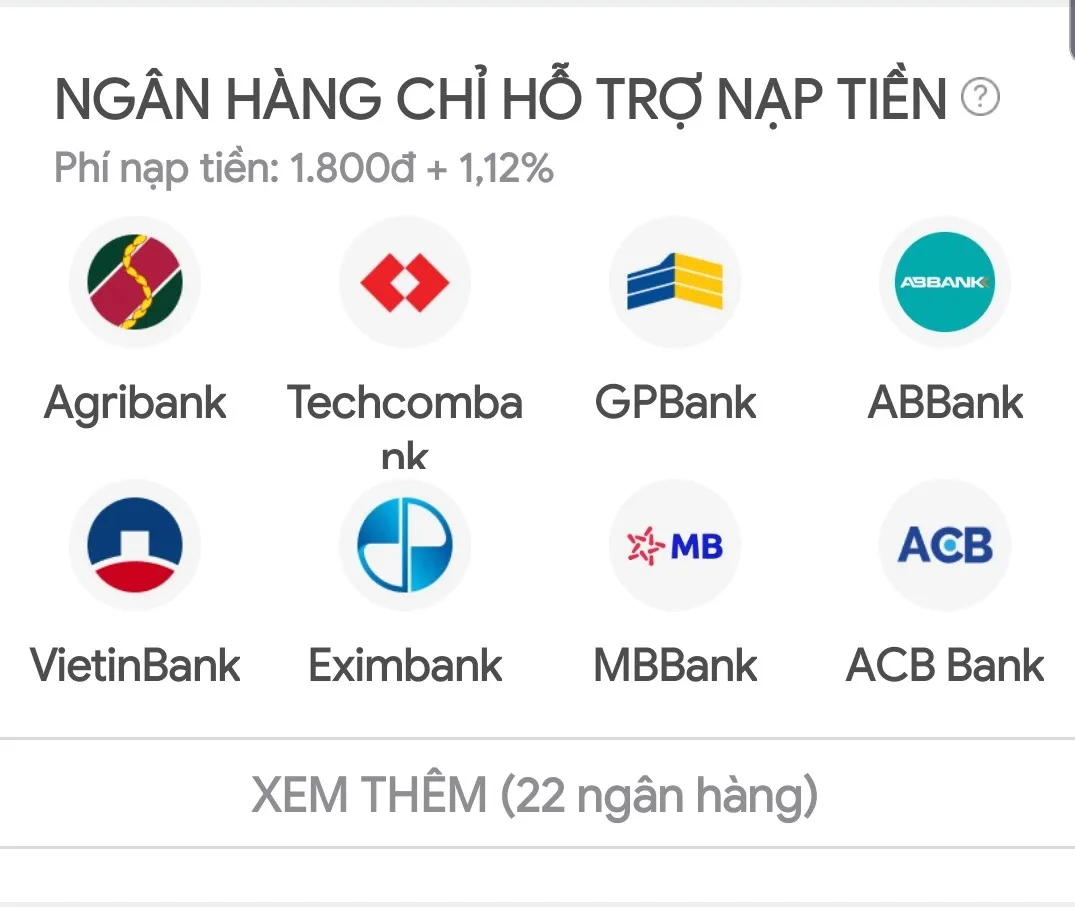 Chọn ngân hàng cần nạp tiền