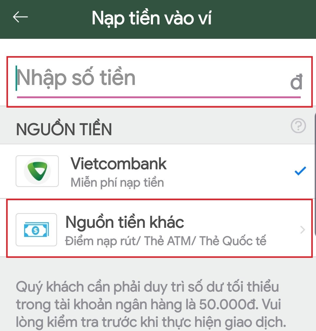 Nhập số tiền muốn nạp