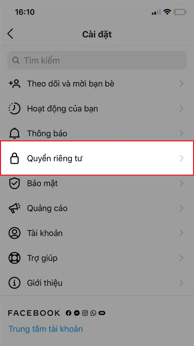 Chọn Quyền riêng tư